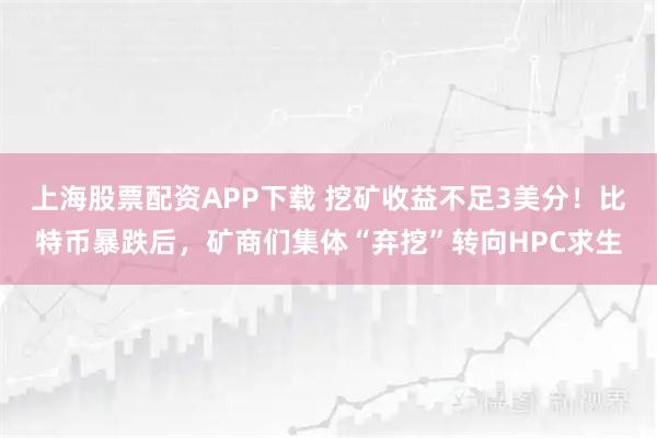 上海股票配资APP下载 挖矿收益不足3美分!比特币暴跌后,矿商们集体“弃挖”转向HPC求生